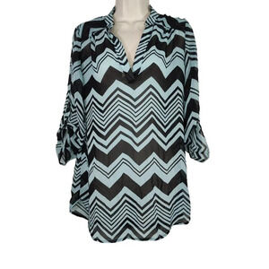 Wishful Park Blue Black Chevron Print Sheer Top Women Size M Roll Tab Sleeve